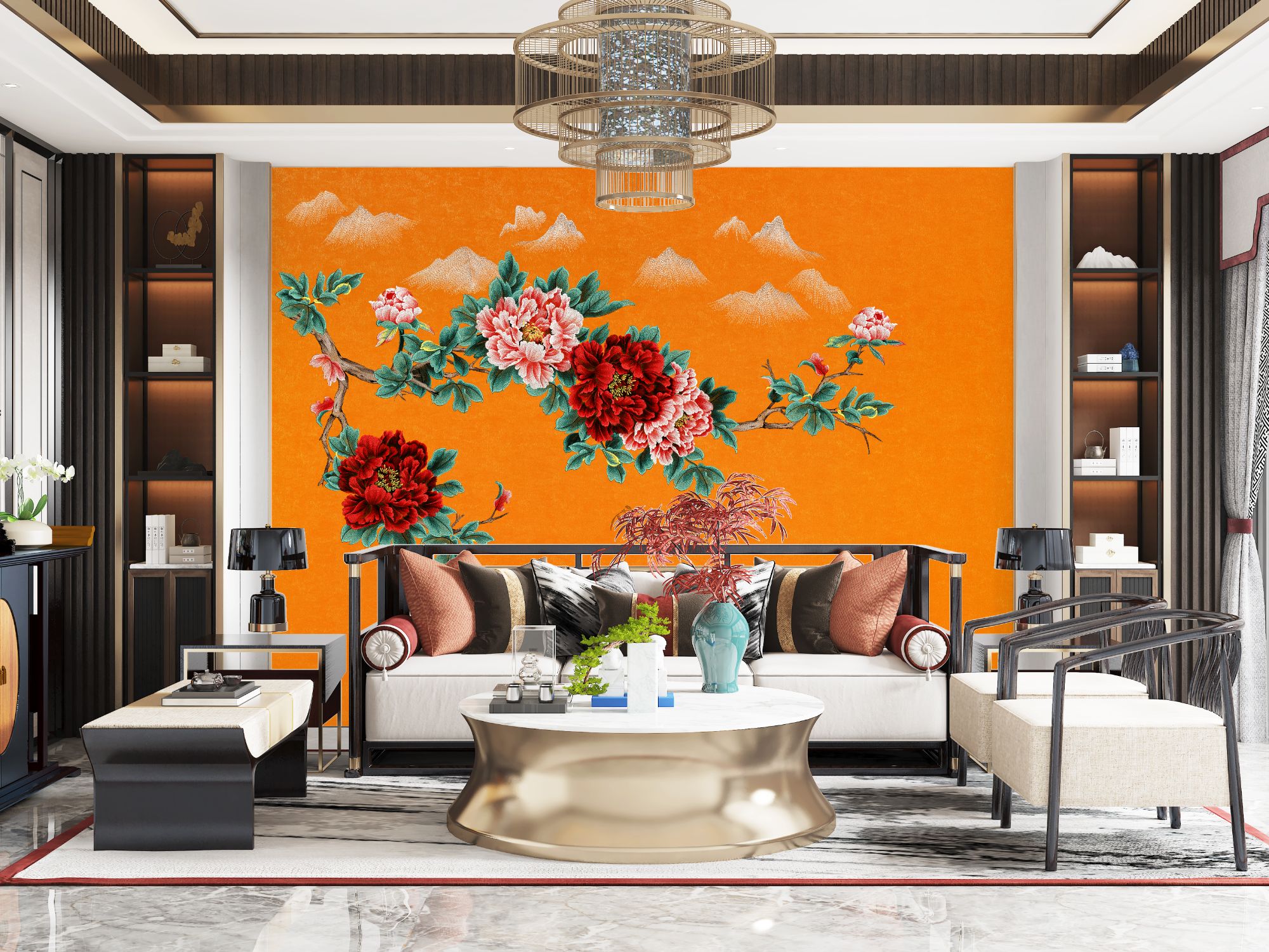 中式新中式高端刺绣墙布 客厅沙发卧室办公室独秀背景（爱情花语）