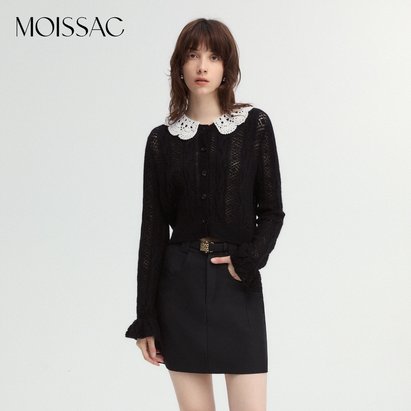 【陈大可】商场同款 摩萨克 秋法式镂空娃娃领甜美毛针织开衫上衣女