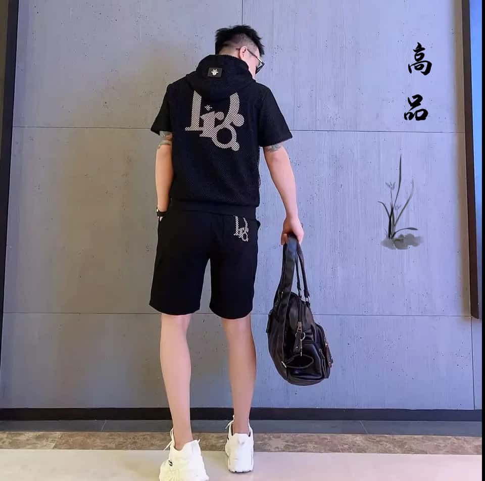 夏季新款小蜜峰时尚轻奢简约版透气修身网格连帽上衣套装男女同款