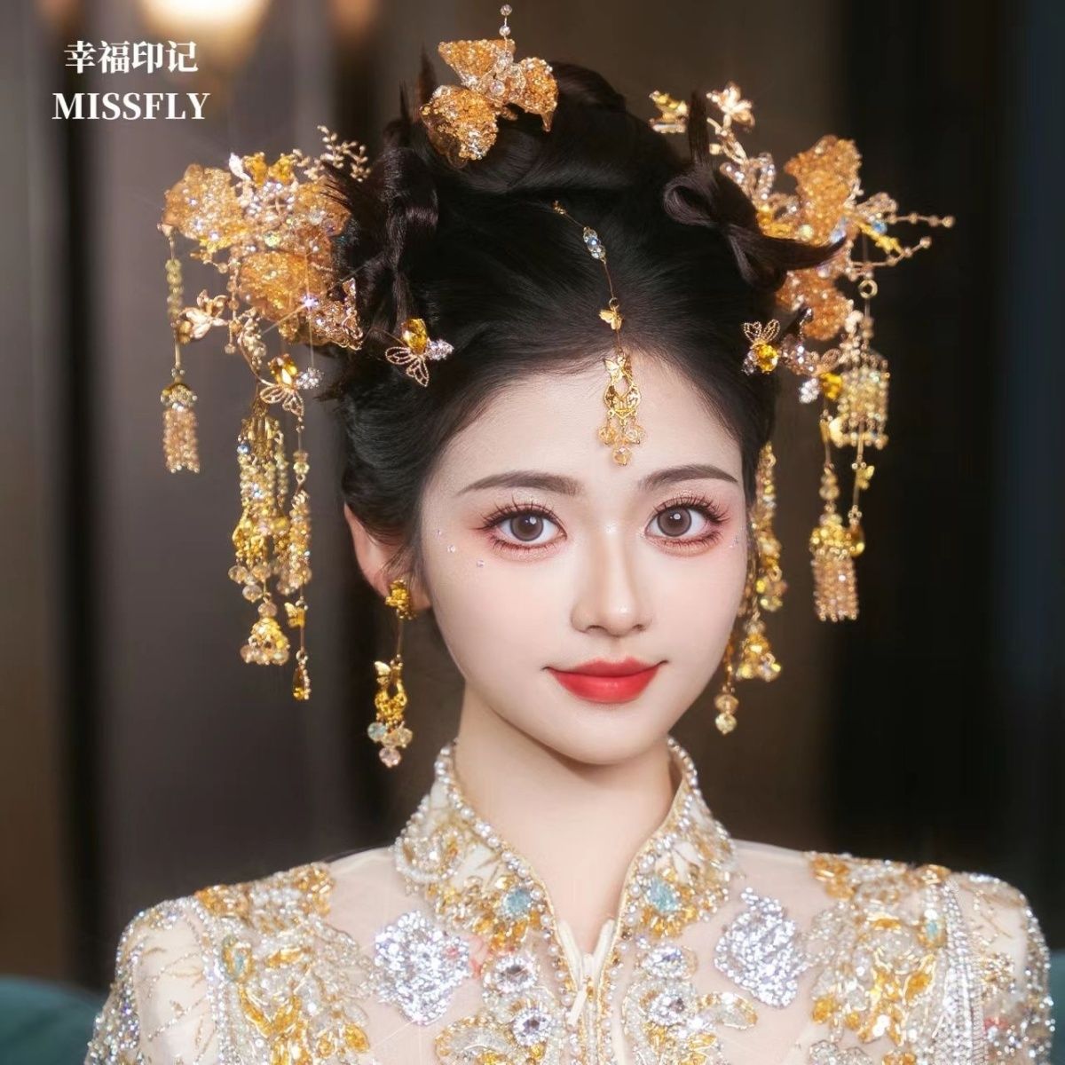 香槟金色秀禾头饰新中式新娘浅色旗袍晨袍汉服马面裙减龄发饰套装