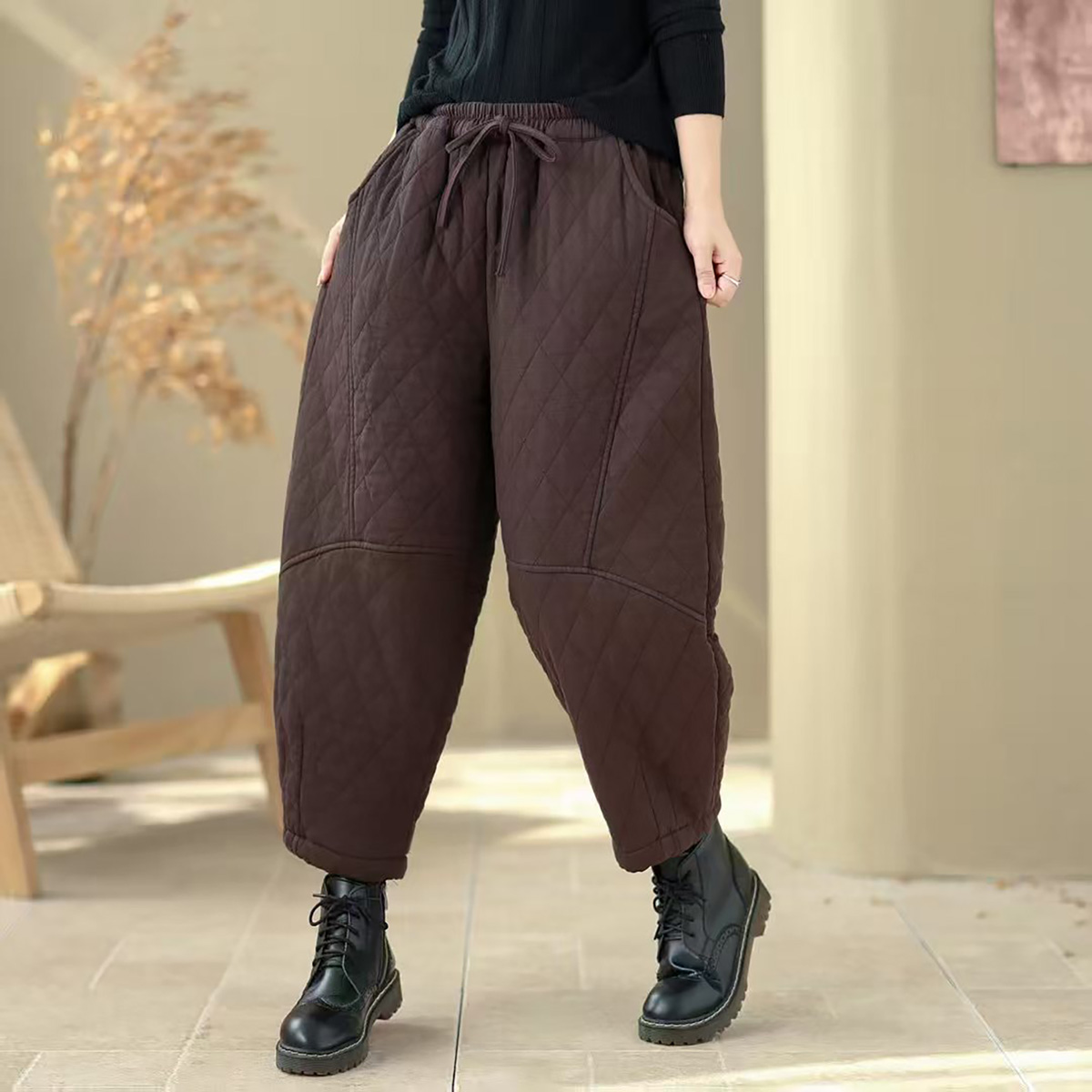 冬季女士夹棉加绒加厚棉裤高腰收脚口一件过冬款拼接时尚靴裤Q84