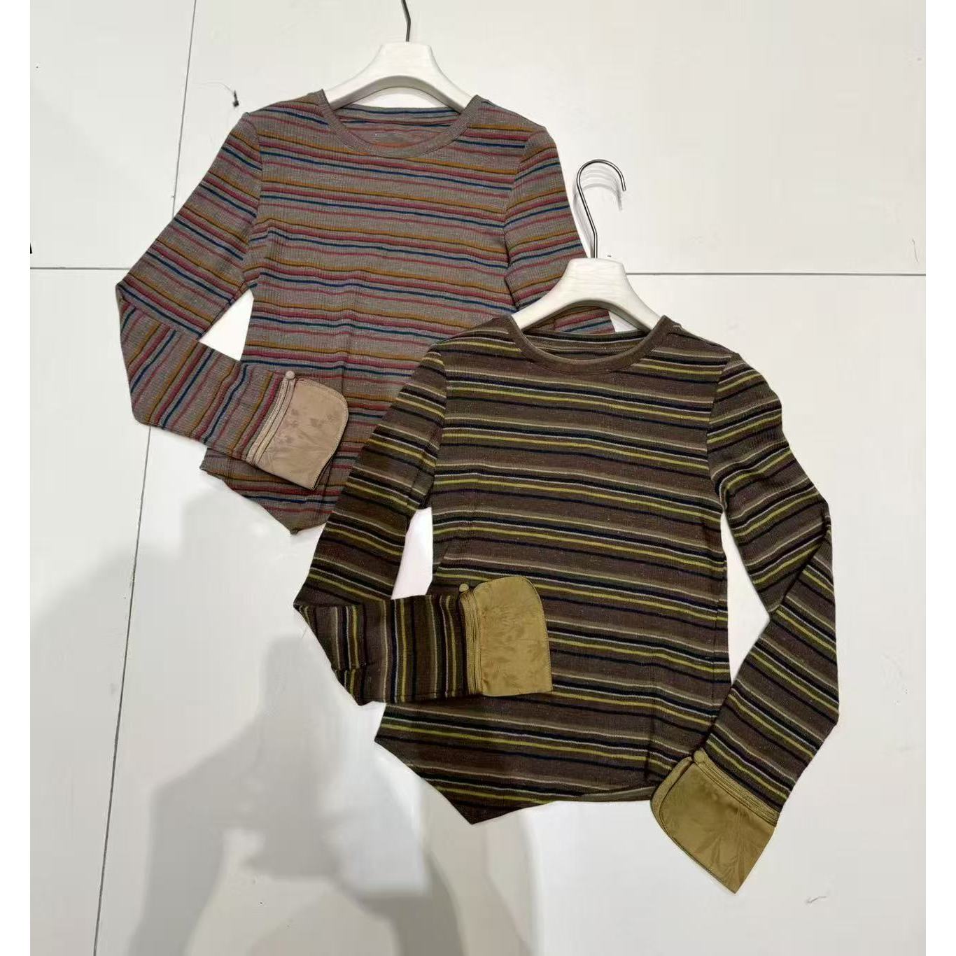 KiKi严选：13908-Max家南油欧货秋冬国风袖条纹衫打底衫长袖T恤