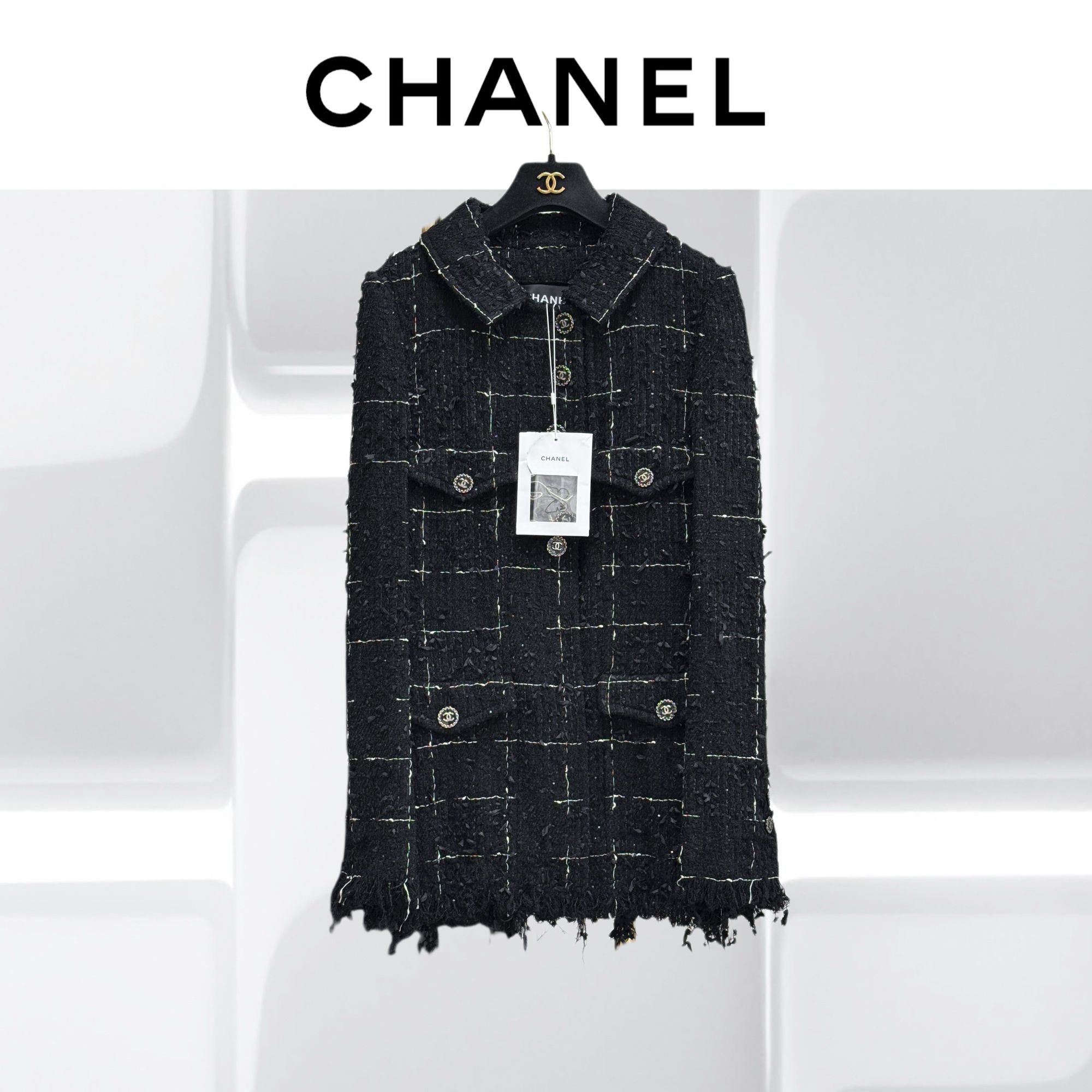 99新 Chanel/香奈儿 36码22C黑白格子混色编织流苏长款外套