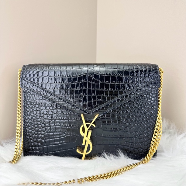 95新 YSL/圣罗兰 Cassandra鳄鱼压纹中号黑金链条包