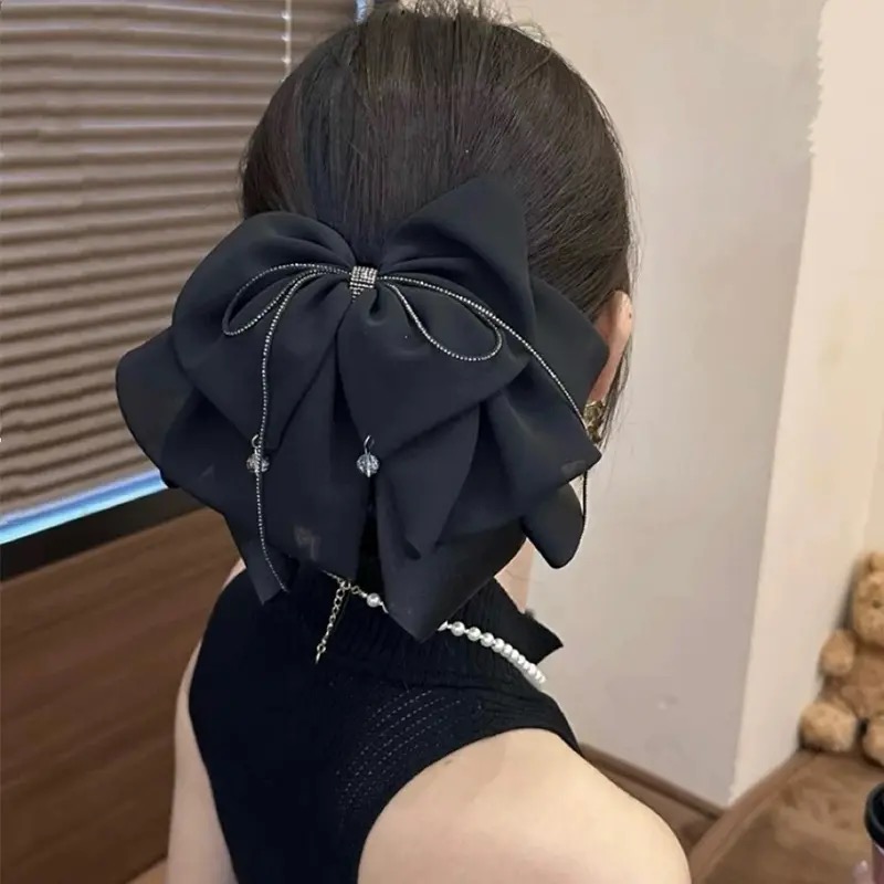 高级感法式蝴蝶结黑色雪纺马尾夹新款流苏百搭轻奢公主发饰1976