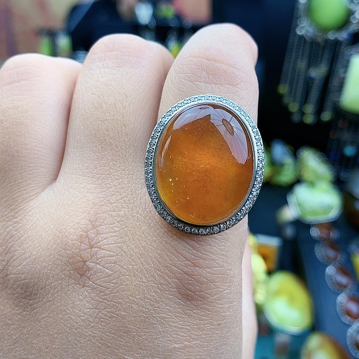 琥珀裸石银S925镶嵌戒指