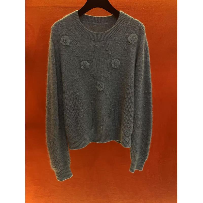 圆领花朵纯色甜美针织衫宽松毛衣女套头GKMY296