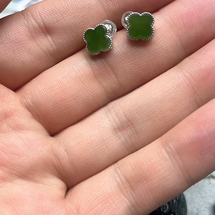 和田玉（碧玉）耳饰银S925镶嵌