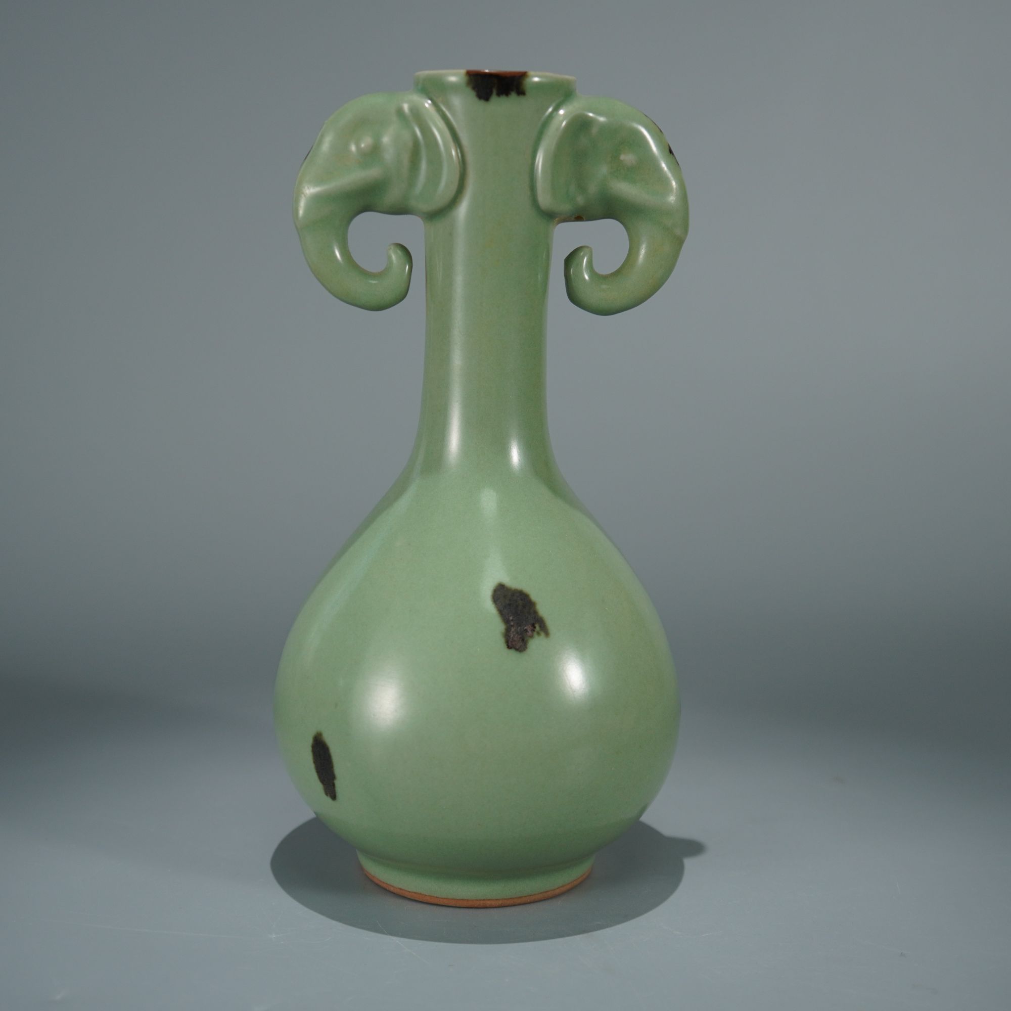 11290宋龙泉梅子青釉点彩双耳长颈瓶【古玩古董明清瓷器】