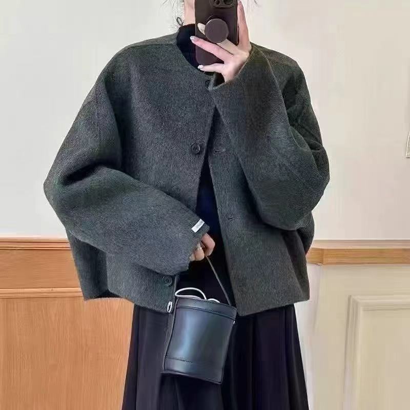老钱风春秋冬女圆领薄款毛呢羊毛外套大衣秋冬赫本风气质短款3