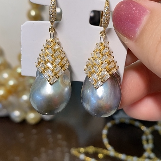 海水珍珠耳饰银S925镶嵌芹*16✖️17