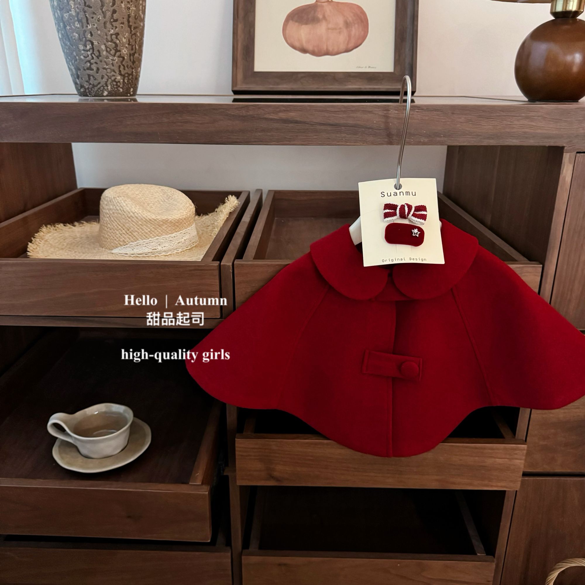 【甜品起司】原创！女宝宝红色斗篷女童拜年服披风外套过年礼服套装