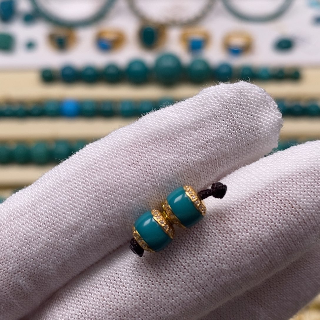 绿松石18K金镶嵌珠宝奇石汉堡对珠6mm