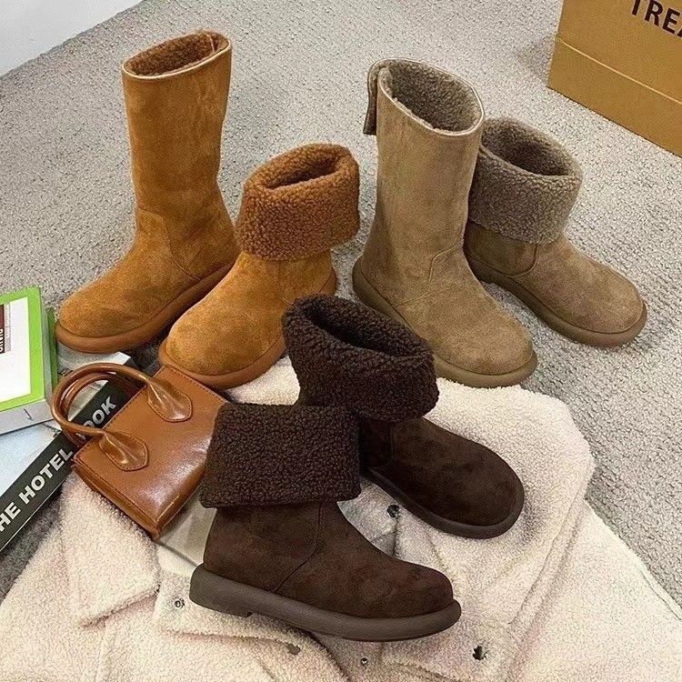 2025冬季新款大头雪地靴女加绒保暖厚底后搭扣勃肯棉靴子