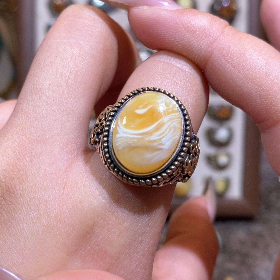 琥珀戒指银S925镶嵌戒指