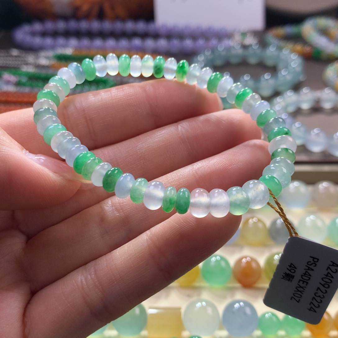 翡翠手链未镶嵌冰润双彩鼓珠卡5.8-6.7