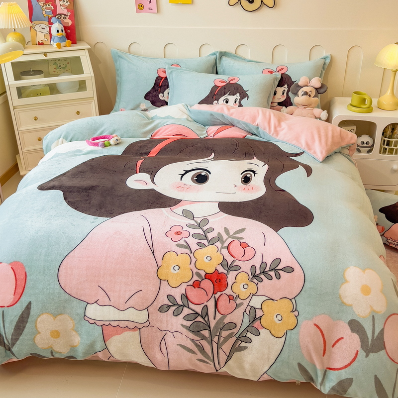 卡通大版牛奶绒三四件套防静电被套床单速暖床上用品保暖短绒套件