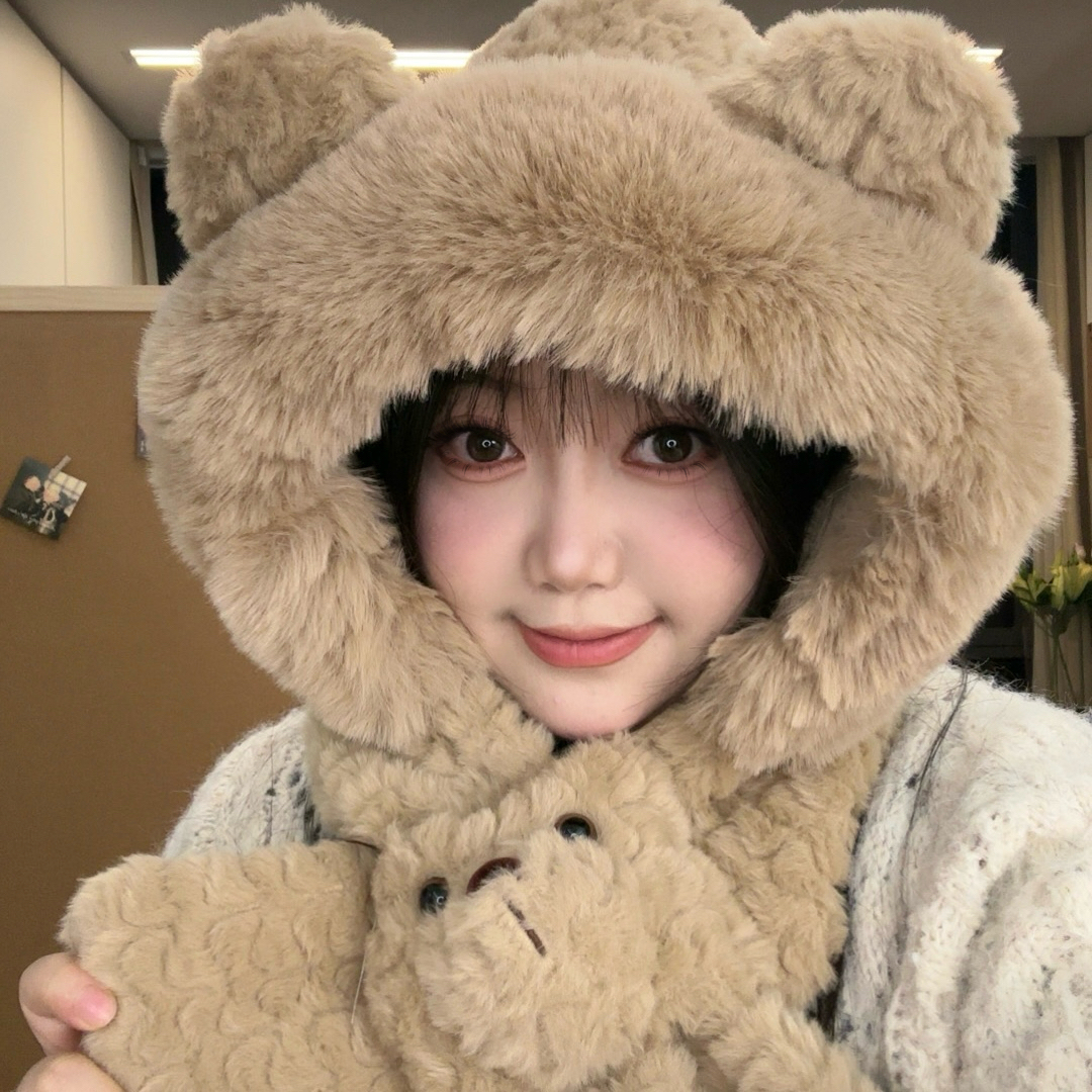 小熊耳朵帽子围巾一体女冬季保暖百搭防风加绒加厚毛绒围脖雷锋帽