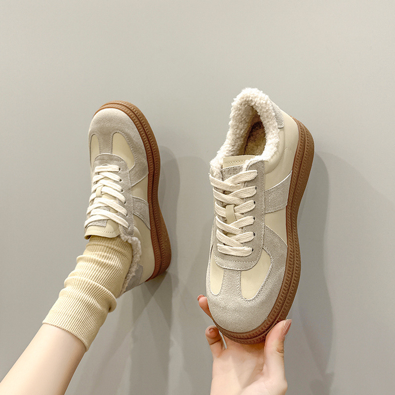 加绒复古德训鞋女2025新款秋冬季拼色厚底百搭系带保暖休闲女板鞋