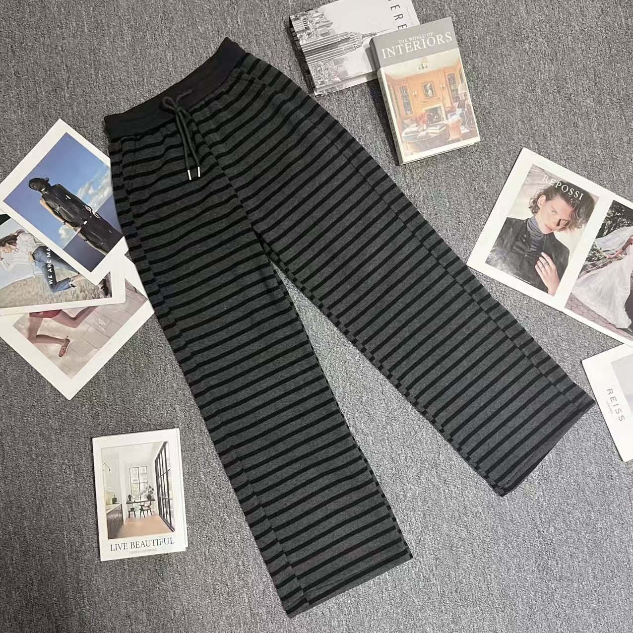 欧货百搭秋冬加绒加厚黑灰条纹宽松阔腿休闲裤2595