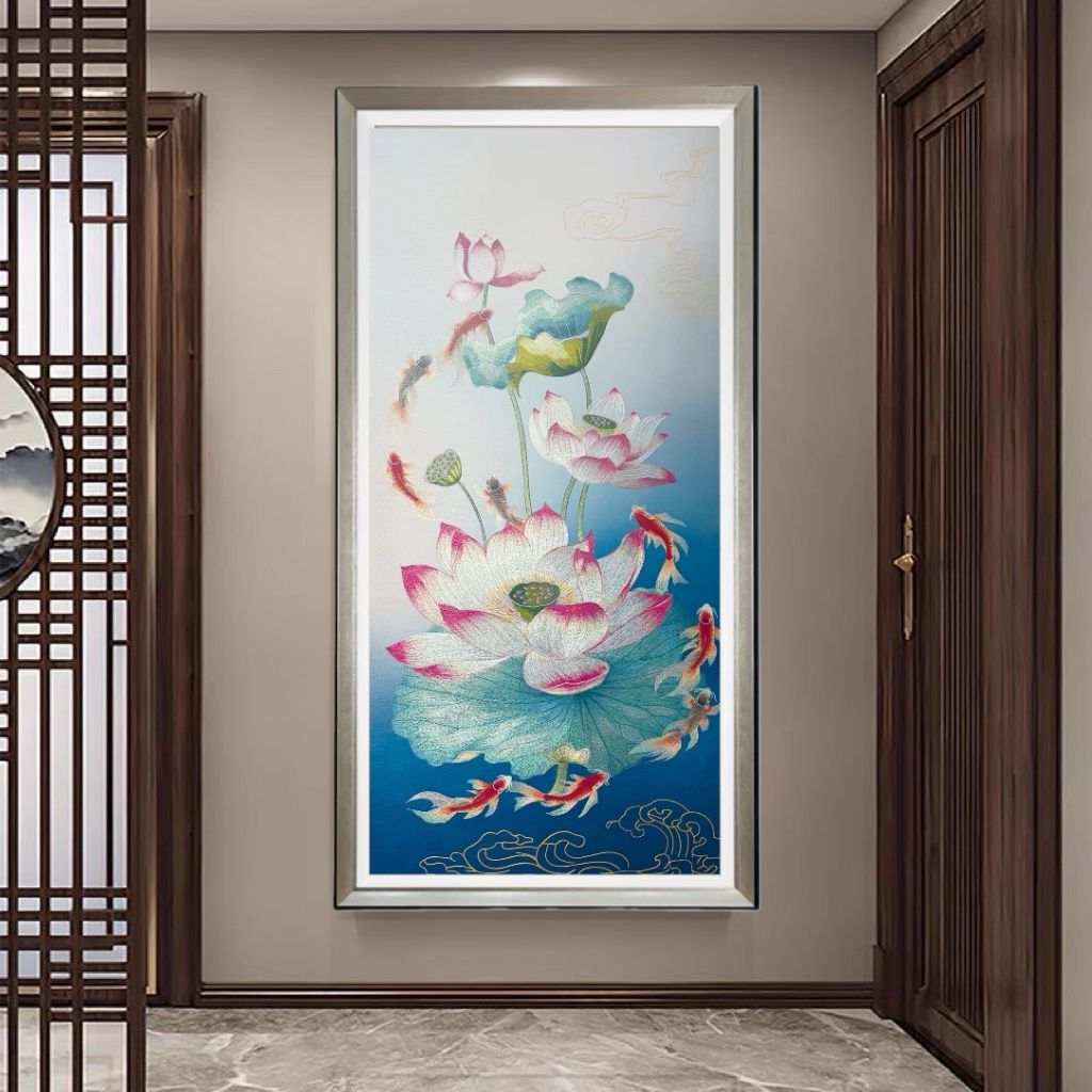 新中式荷花九鱼图刺绣高端客厅玄关背景装饰画