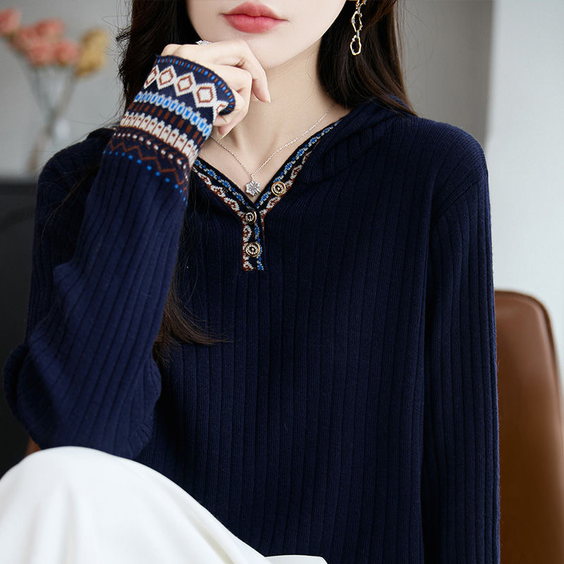 【绵羊毛100%】时尚复古民族风洋气精纺羊毛长袖针织衫套头显瘦卫衣