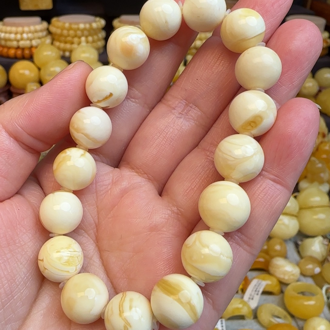 琥珀未镶嵌手串天然俄料瓷白妖花蜜蜡圆珠手串