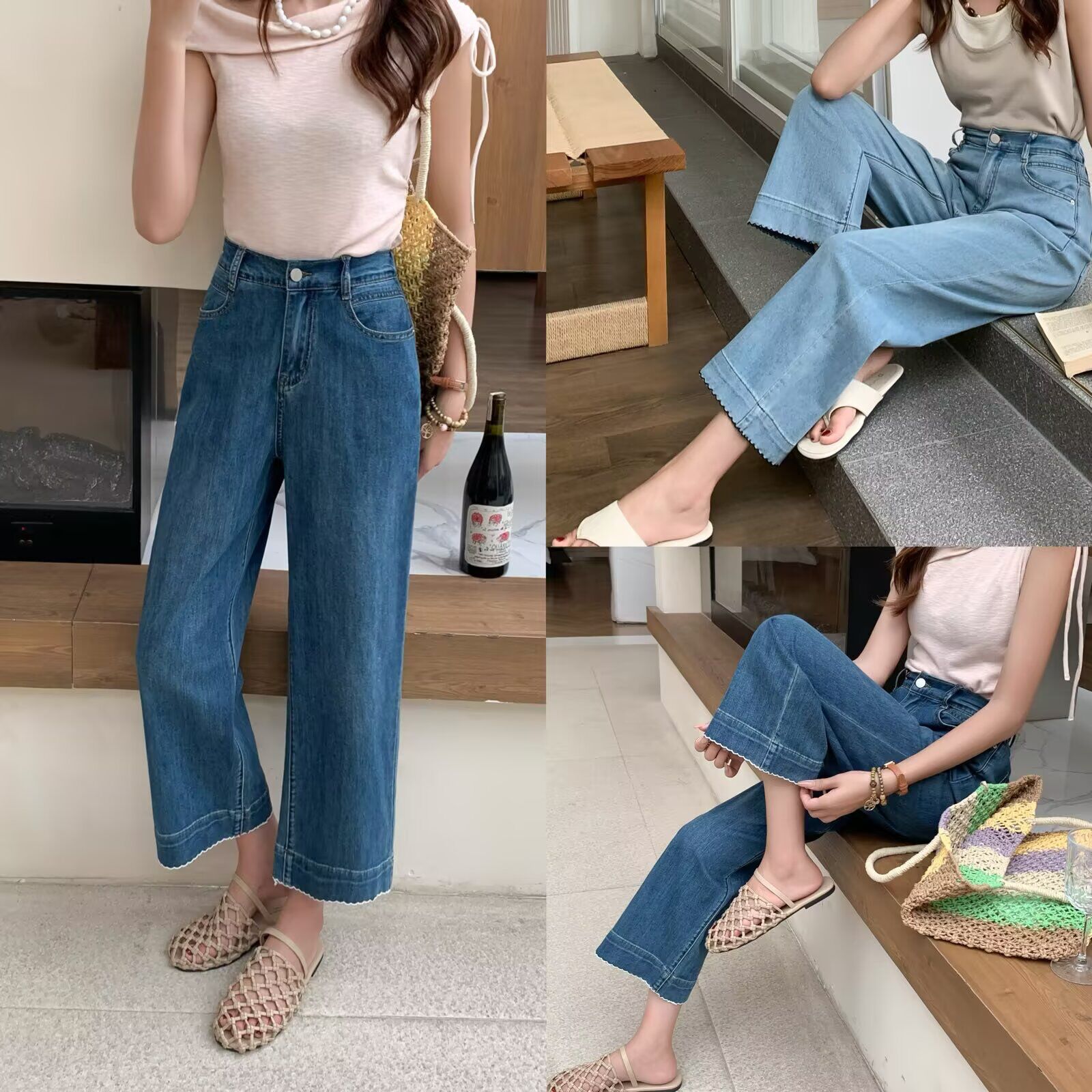 大码高腰直筒牛仔裤女夏季季新款梨形身材显瘦遮胯阔腿牛仔九分裤