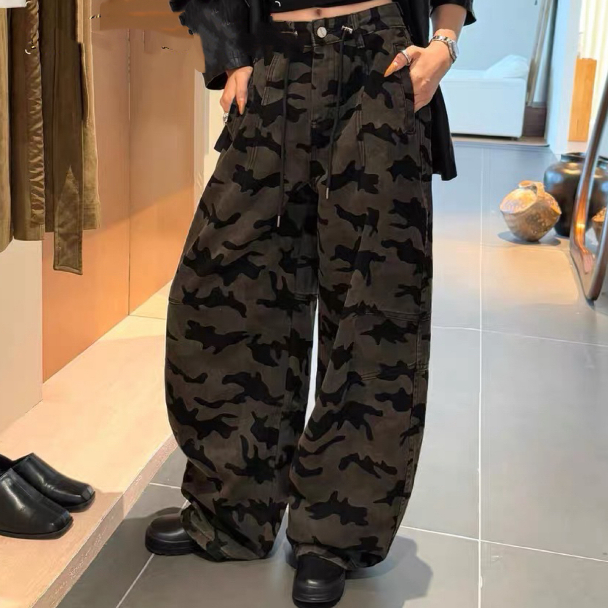 卡莱美2087#秋季迷彩高街慵懒风时尚外穿欧美风牛仔工装裤