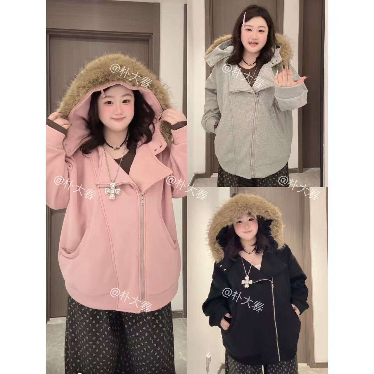 女士女短外套秋冬宽松型连帽常规款百搭帽衫衬衫袖