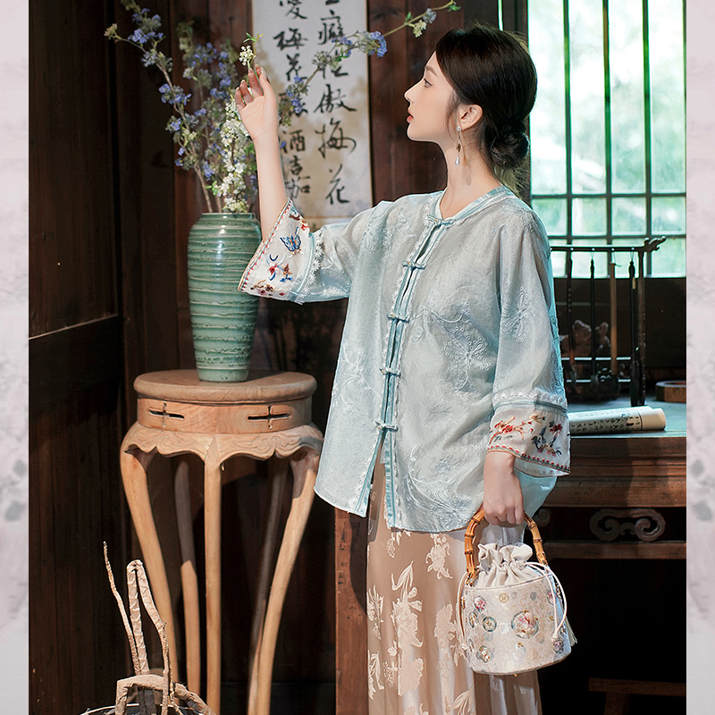 【花枝】夏季新中式上衣女2025新款复古高级感刺绣气质小衫外套女