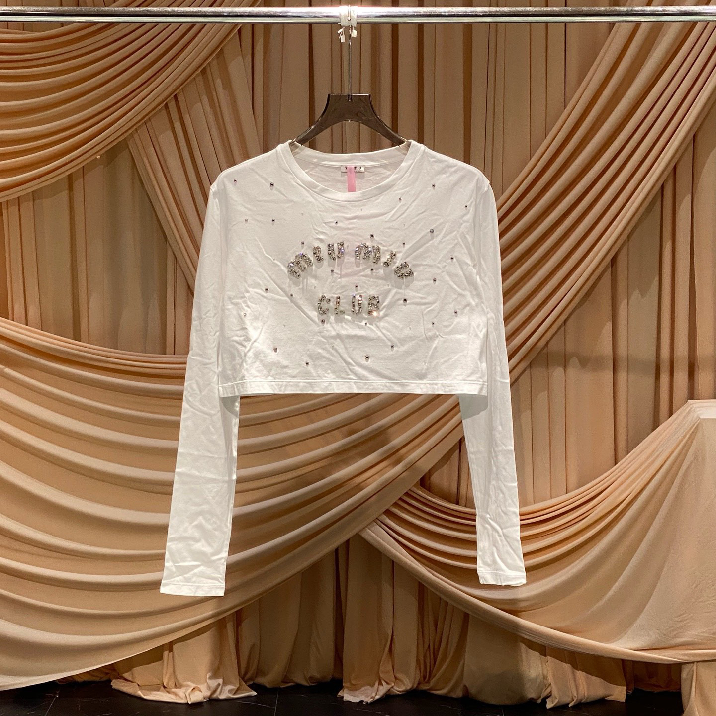 99新 MIU MIU/缪缪 Miu Miu白色水钻字母logo长袖T恤/m码/31252