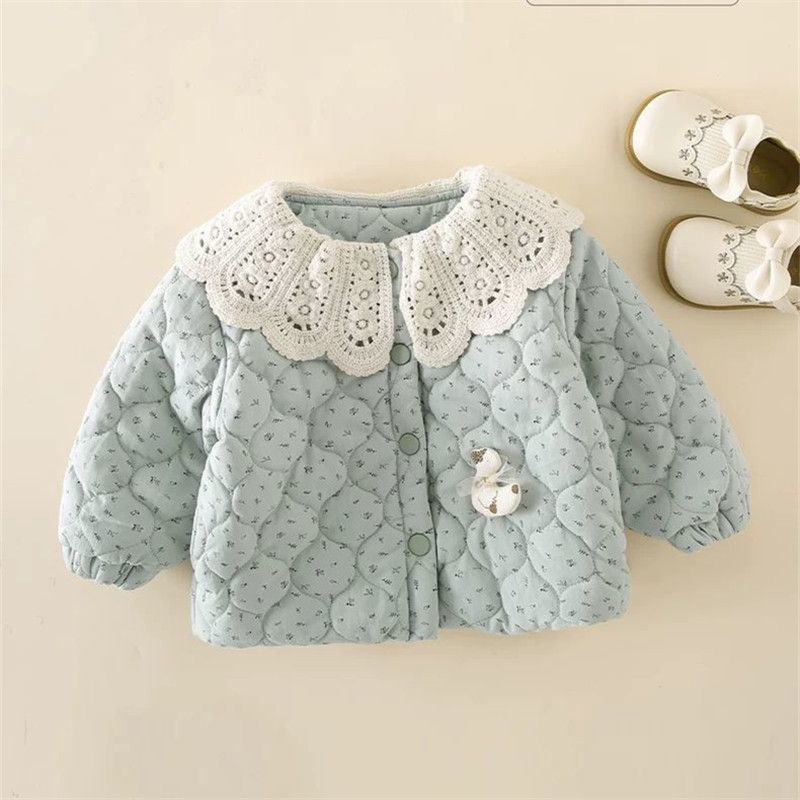 女童加绒外套棉服韩系秋冬保暖舒适外套宝宝夹棉百搭花边领上衣