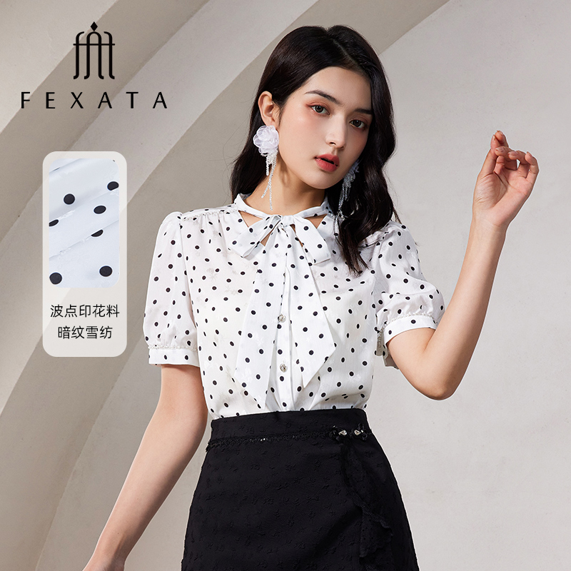 【媛媛女王严选】FEXATA斐格思衬衫女气质优雅系带复古波点短袖衬衣