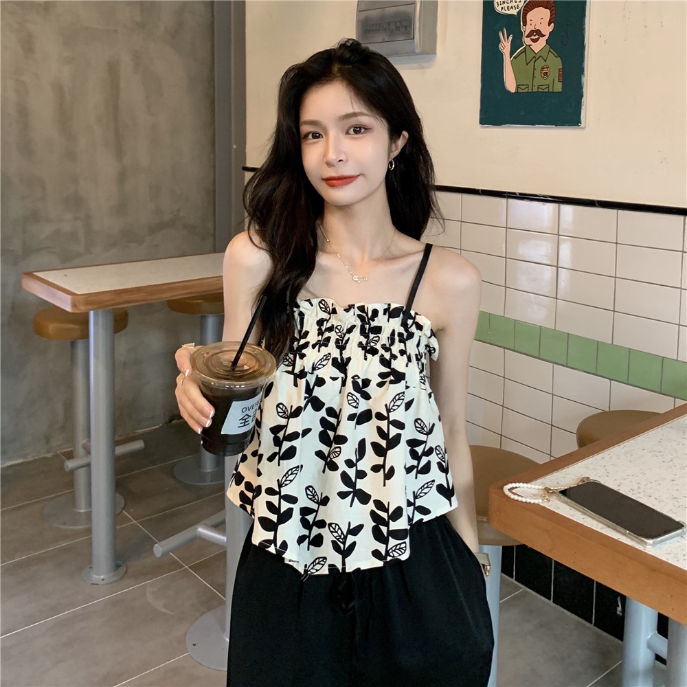 藤子树叶夏季海边性感欲风抹胸碎花吊带背心女设计感小众外穿