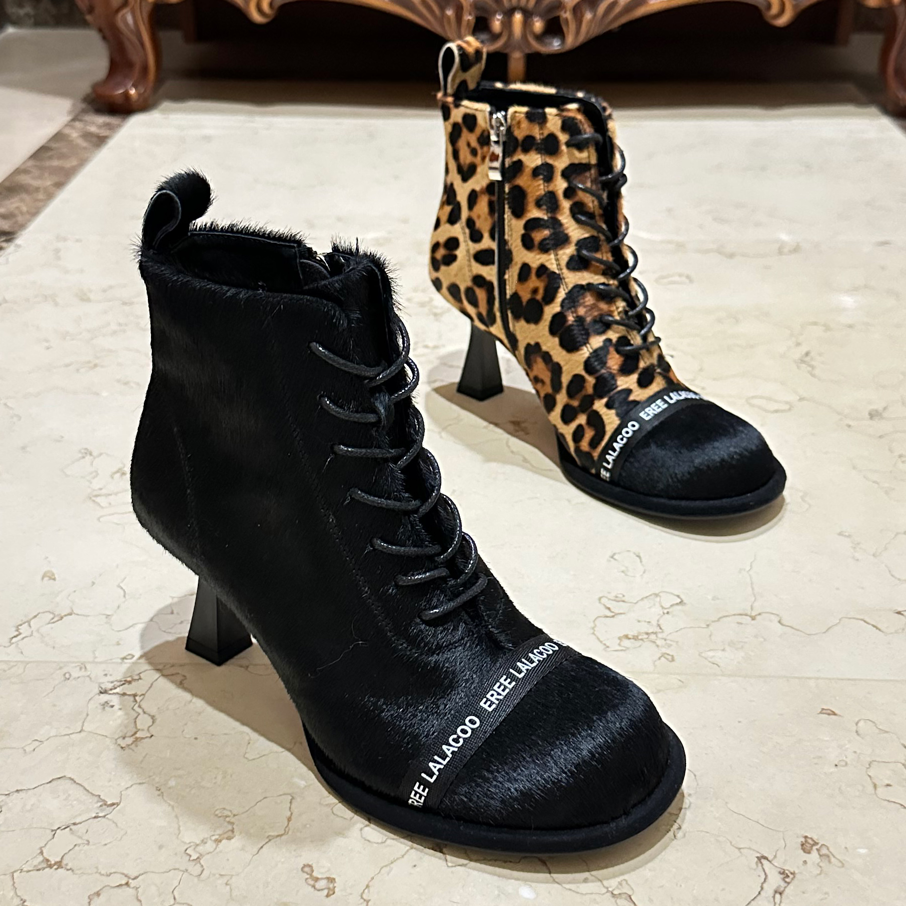 【冬季新款】秋冬季时装靴复古头层马皮马毛圆头细高跟百搭女短靴