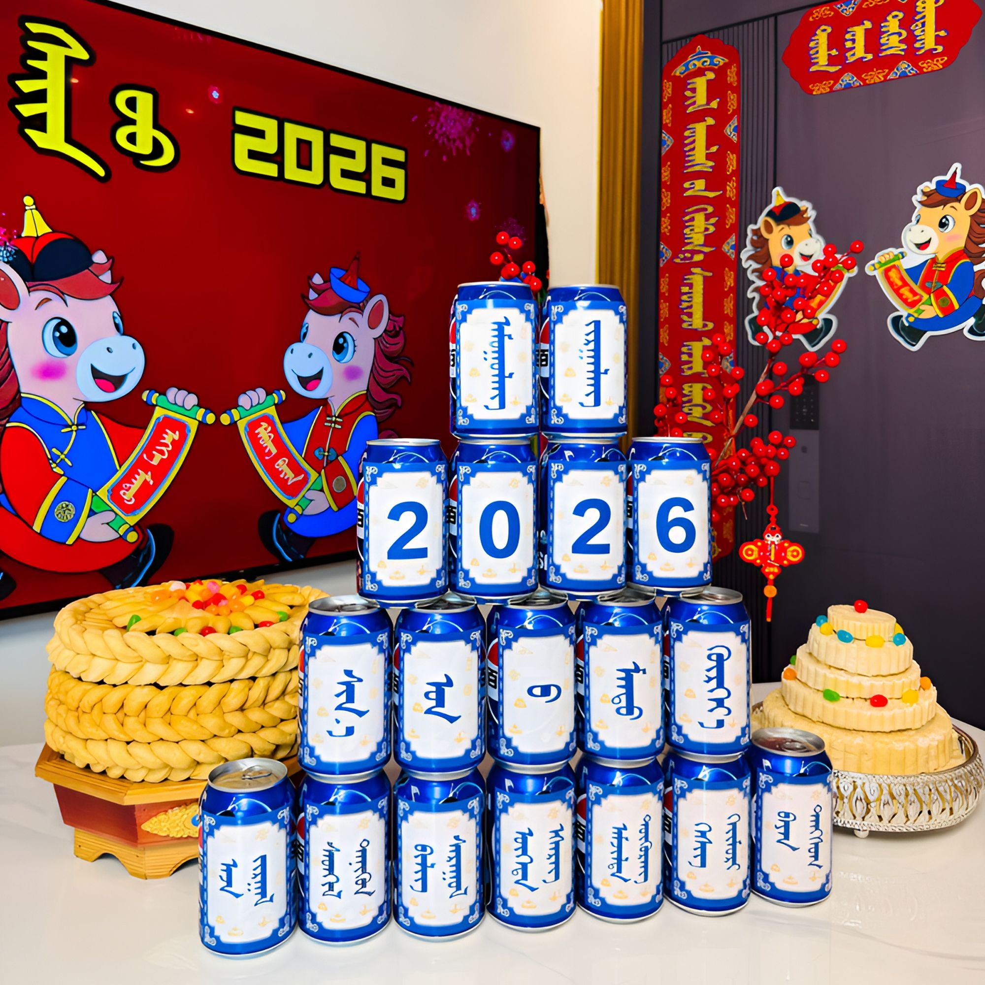 可乐贴纸2026蒙古元素新年可乐贴马年新年布置红色蓝色（不含可乐）