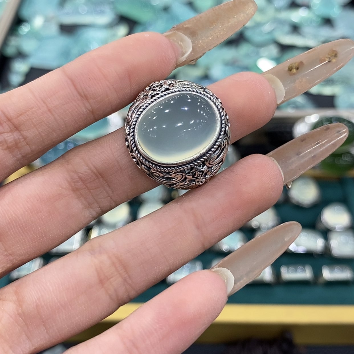【闪购商品】蛇纹石玉戒指银S925镶嵌A****✅