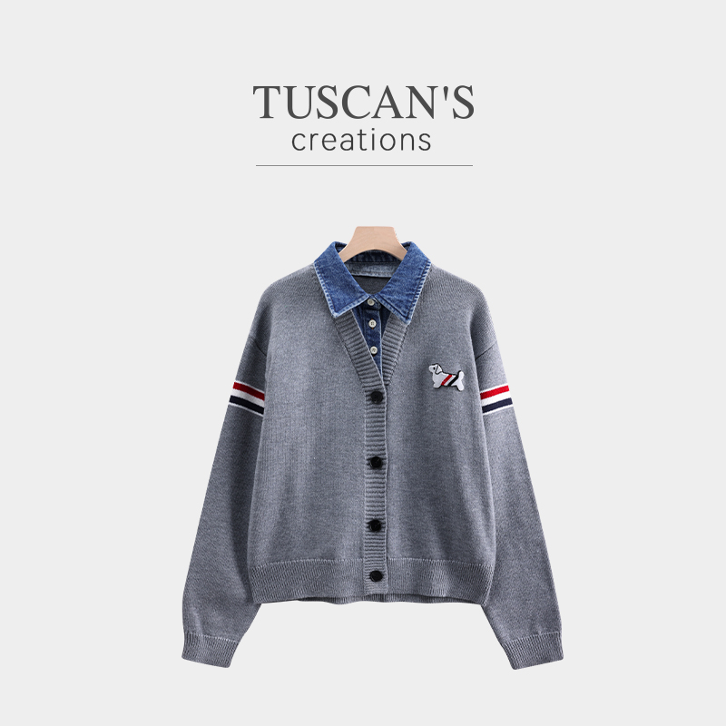 TUSCAN'S CREATIONS毛衣拼接针织街头风休闲上衣毛针织衫女牛仔领