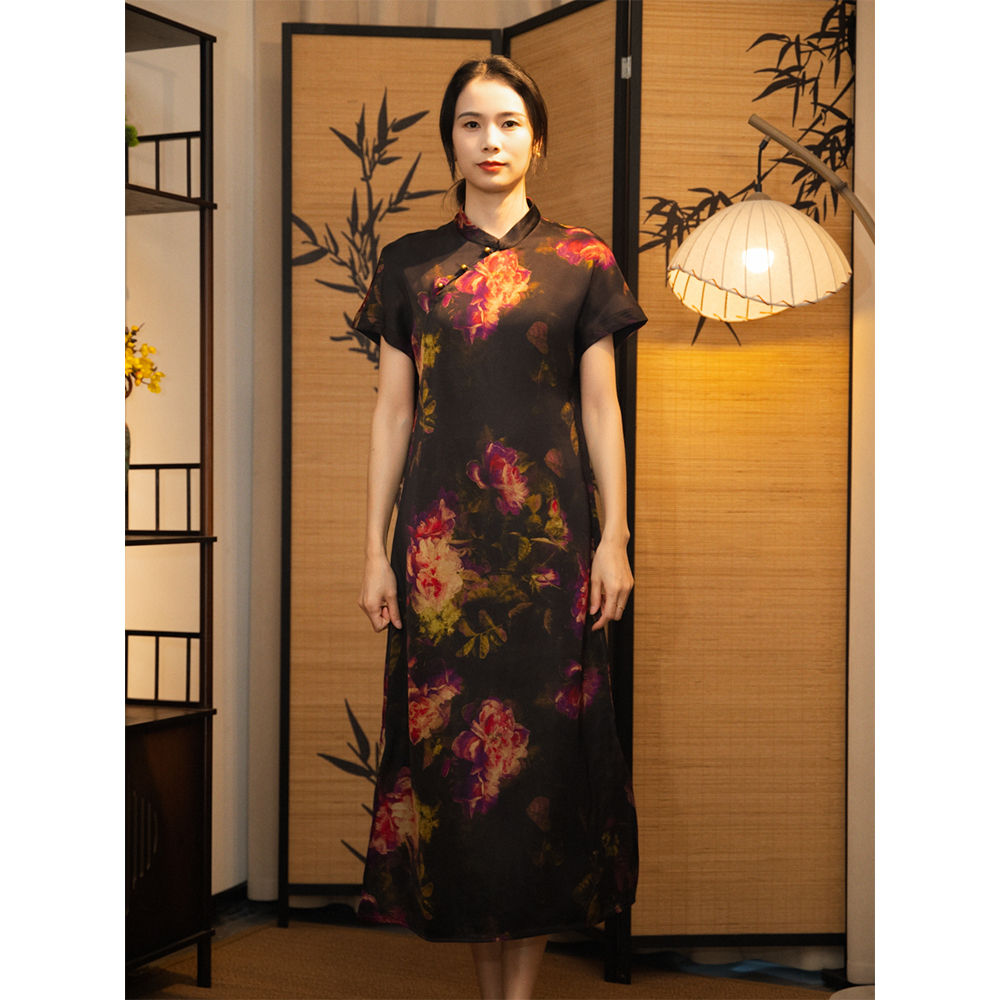 【花千树】新中式油皮老料夏季立领女装改良旗袍连衣裙