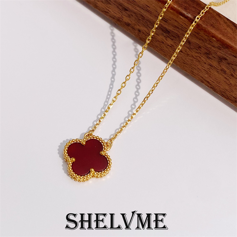 钛钢项链 大号百搭轻奢时尚气质红色四叶花双面可戴经典项链