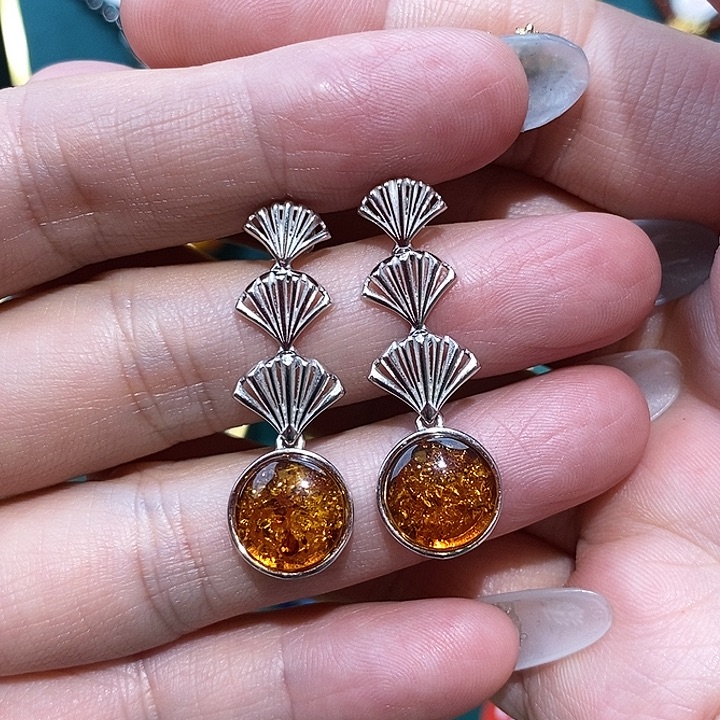 琥珀（花珀）耳饰银S925镶嵌