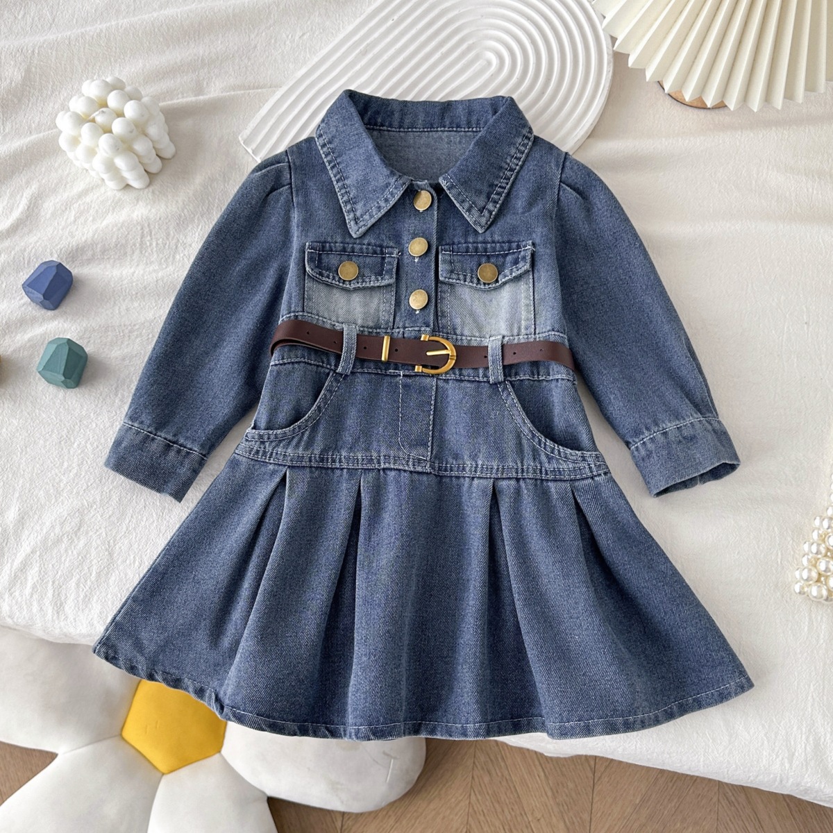 2026新款小女孩时尚感牛仔连衣裙长袖韩版春秋季翻领牛仔裙6761