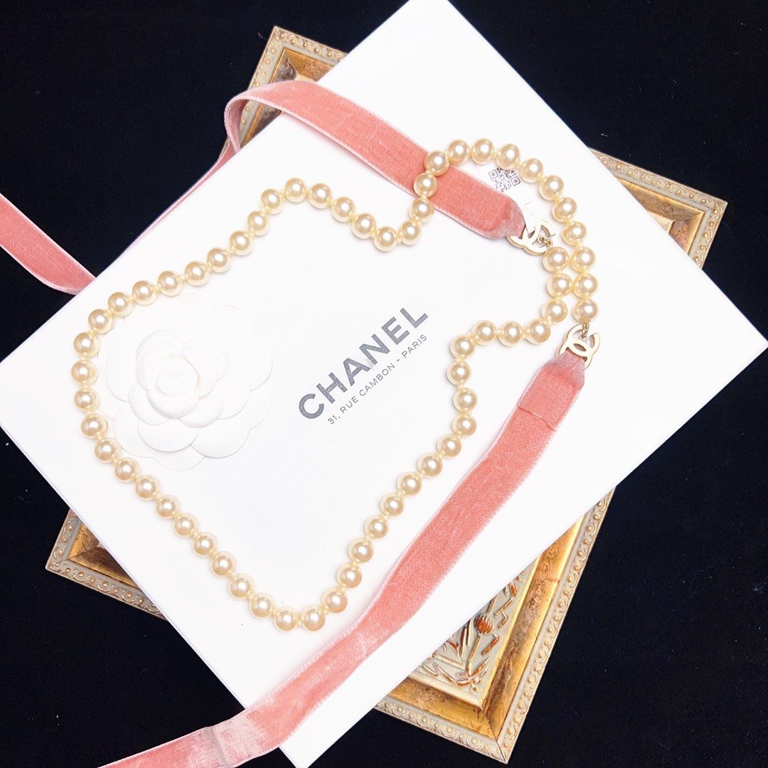 95新 Chanel/香奈儿 柚礼中古/香奈儿丝绒珍珠项链lz2309292