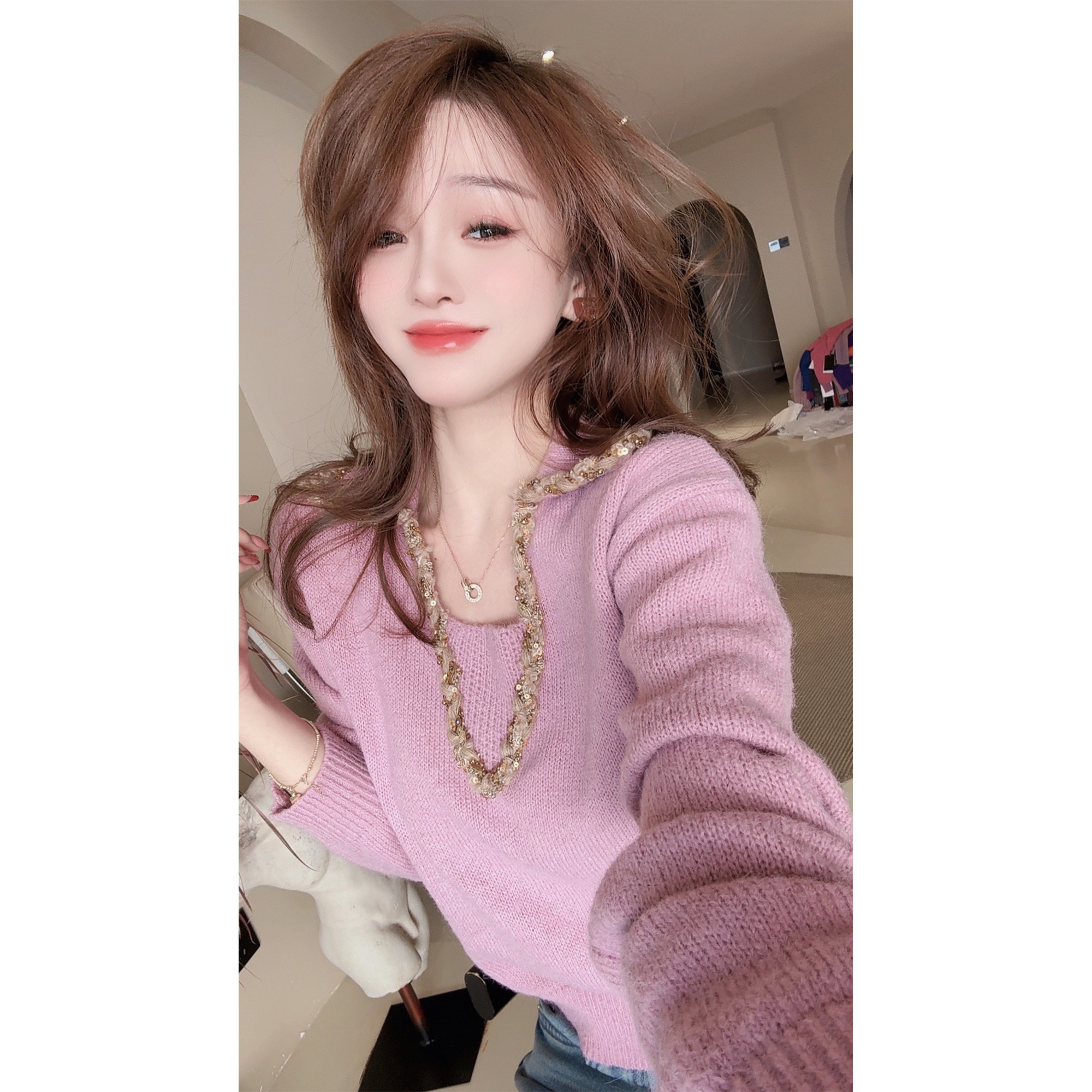 【CHEN】设计感洋气粉色毛衣慵懒温柔减龄长袖套头针织衫25010801