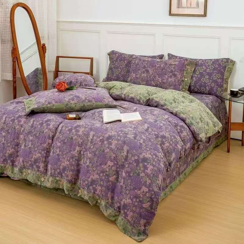 双层纱四件套亲肤透气有氧双面四季款中式风-柔情之境（纽扣款）