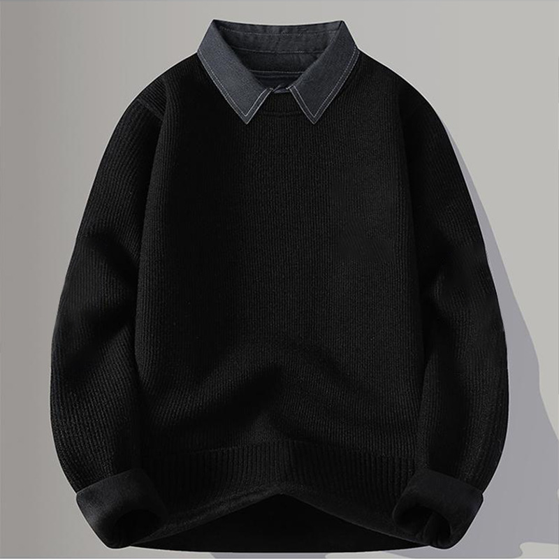 毛衫秋冬季假两件毛衣男士衬衫领线衣加绒加厚保暖上衣内搭针织衫