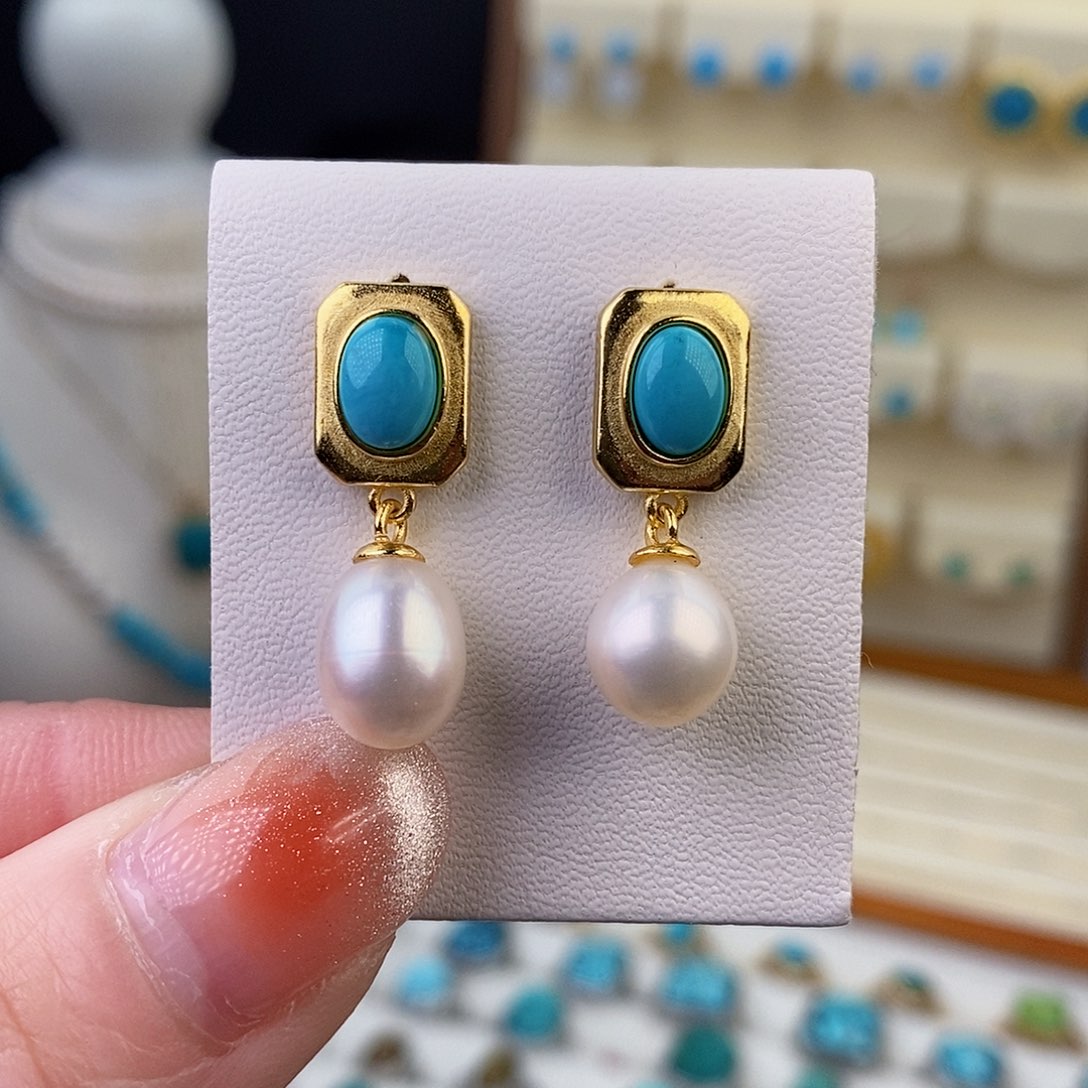 银S925镶嵌绿松石耳饰