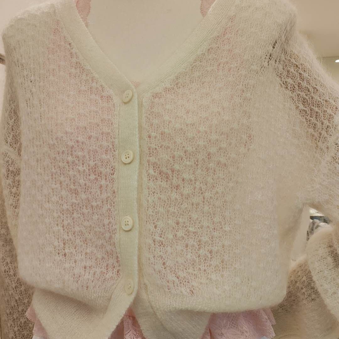 （NO退NO换）毛针织衫毛衫开衫蕾丝针织衫纯色长袖洋气镂空百搭