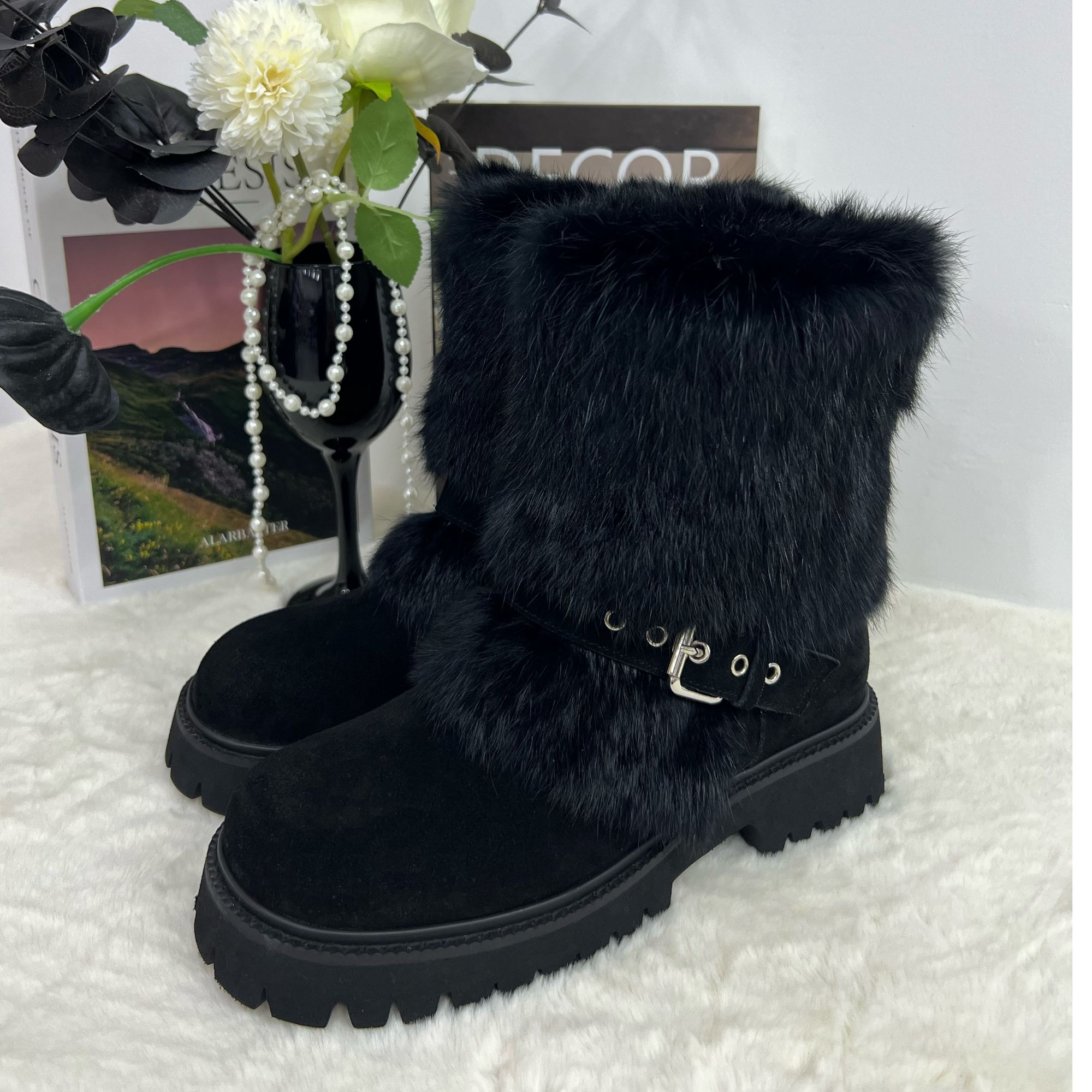 D.M新款ins风真兔毛牛反绒爆款时尚百搭保暖牛皮短靴欧美气质女鞋